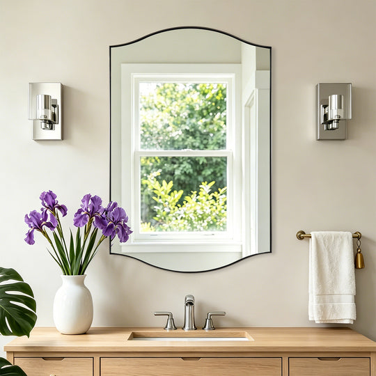 Dual Curve Arch Rectangular Scalloped  Bathroom Wall Mirror |Stainless Steel Framed