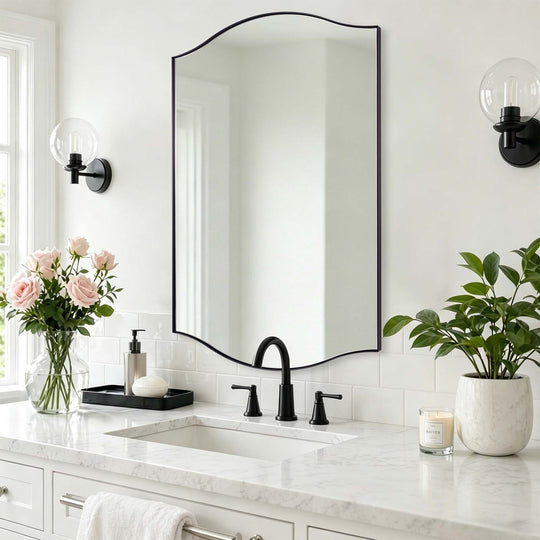 Dual Curve Arch Rectangular Scalloped  Bathroom Wall Mirror |Stainless Steel Framed