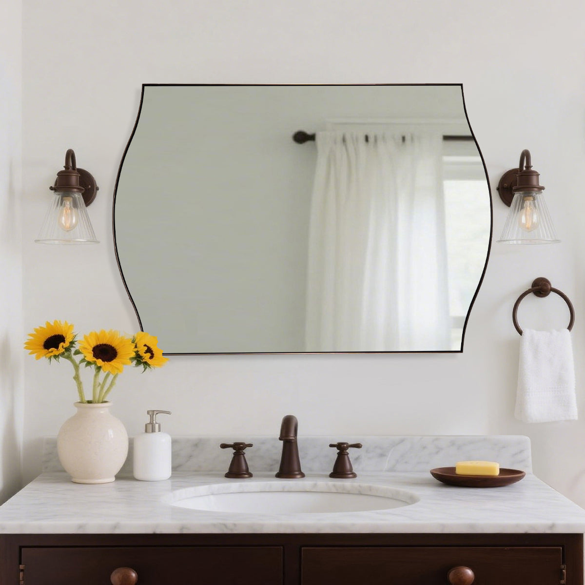 Dual Curve Arch Rectangular Scalloped  Bathroom Wall Mirror |Stainless Steel Framed