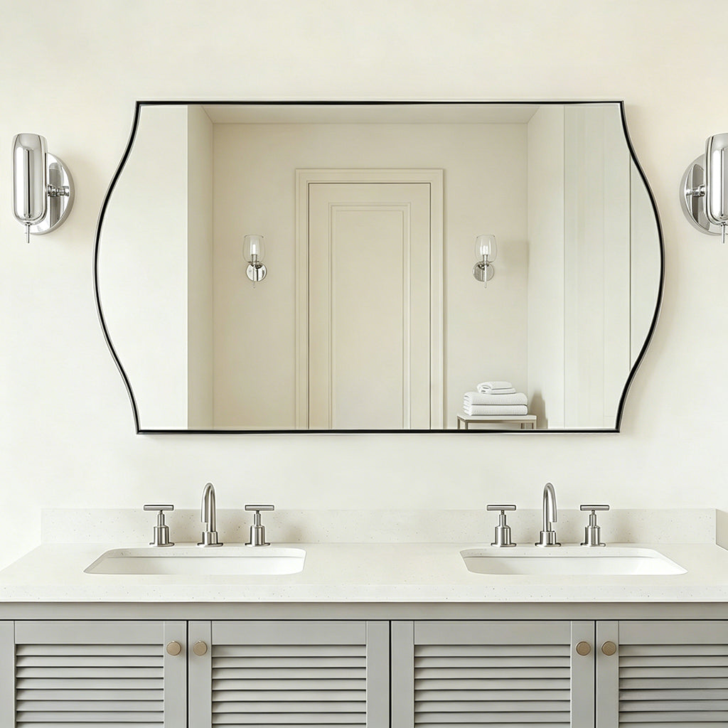 Dual Curve Arch Rectangular Scalloped  Bathroom Wall Mirror |Stainless Steel Framed