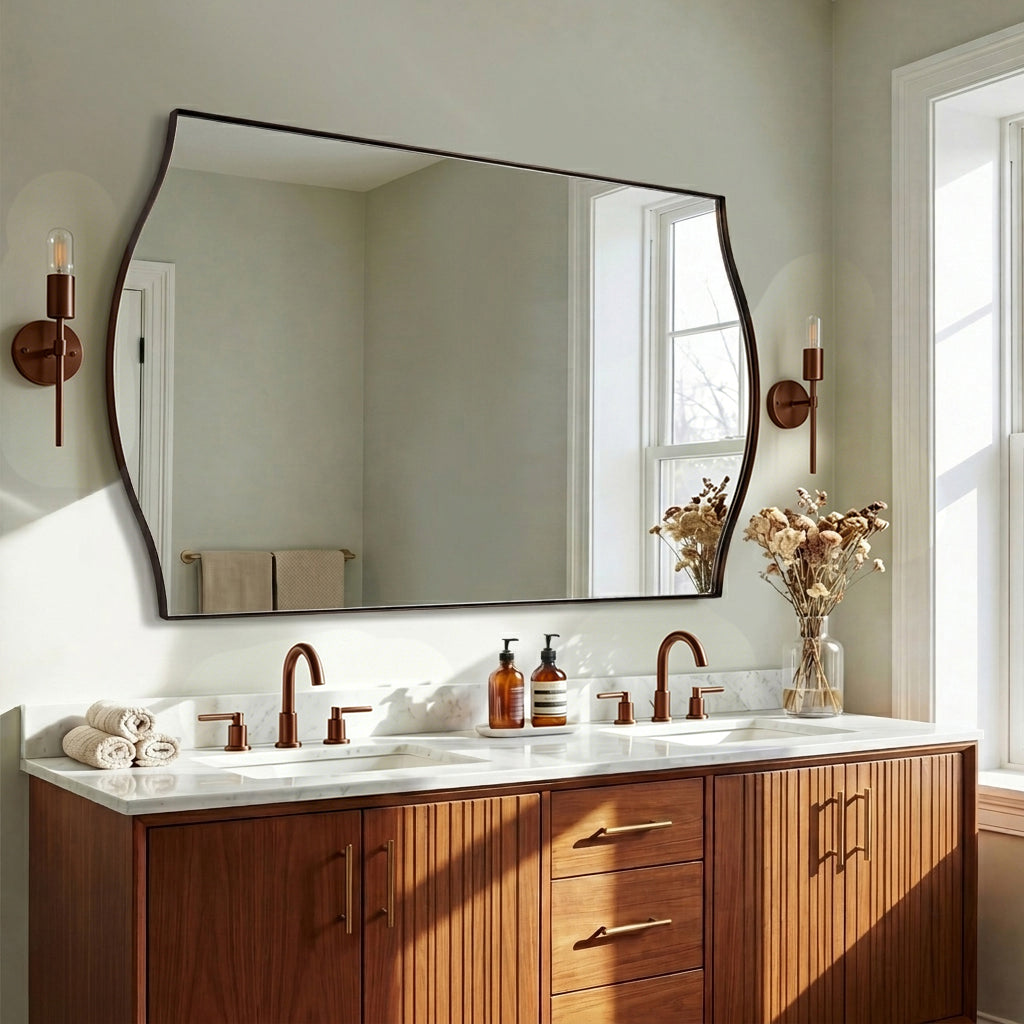 Dual Curve Arch Rectangular Scalloped  Bathroom Wall Mirror |Stainless Steel Framed