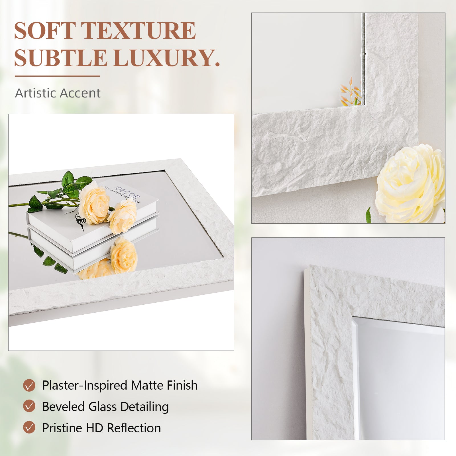 Contemporary White Plaster Thick Framed Rectangle Bathroom Mirror Decorative Beveled Mirror