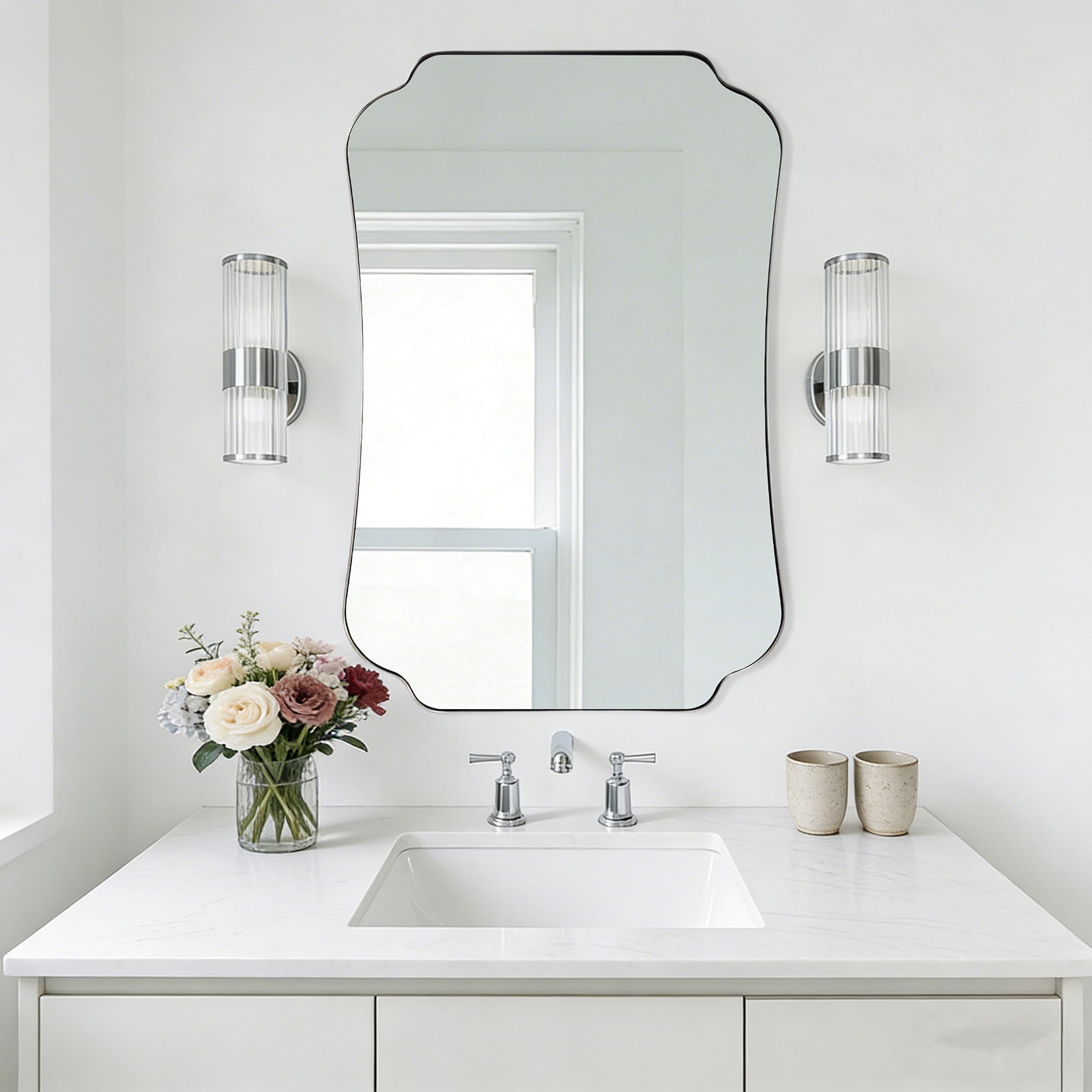 Contemporary Concave Edge Scalloped Bathroom Mirror Decorative | Stainless Steel Frame