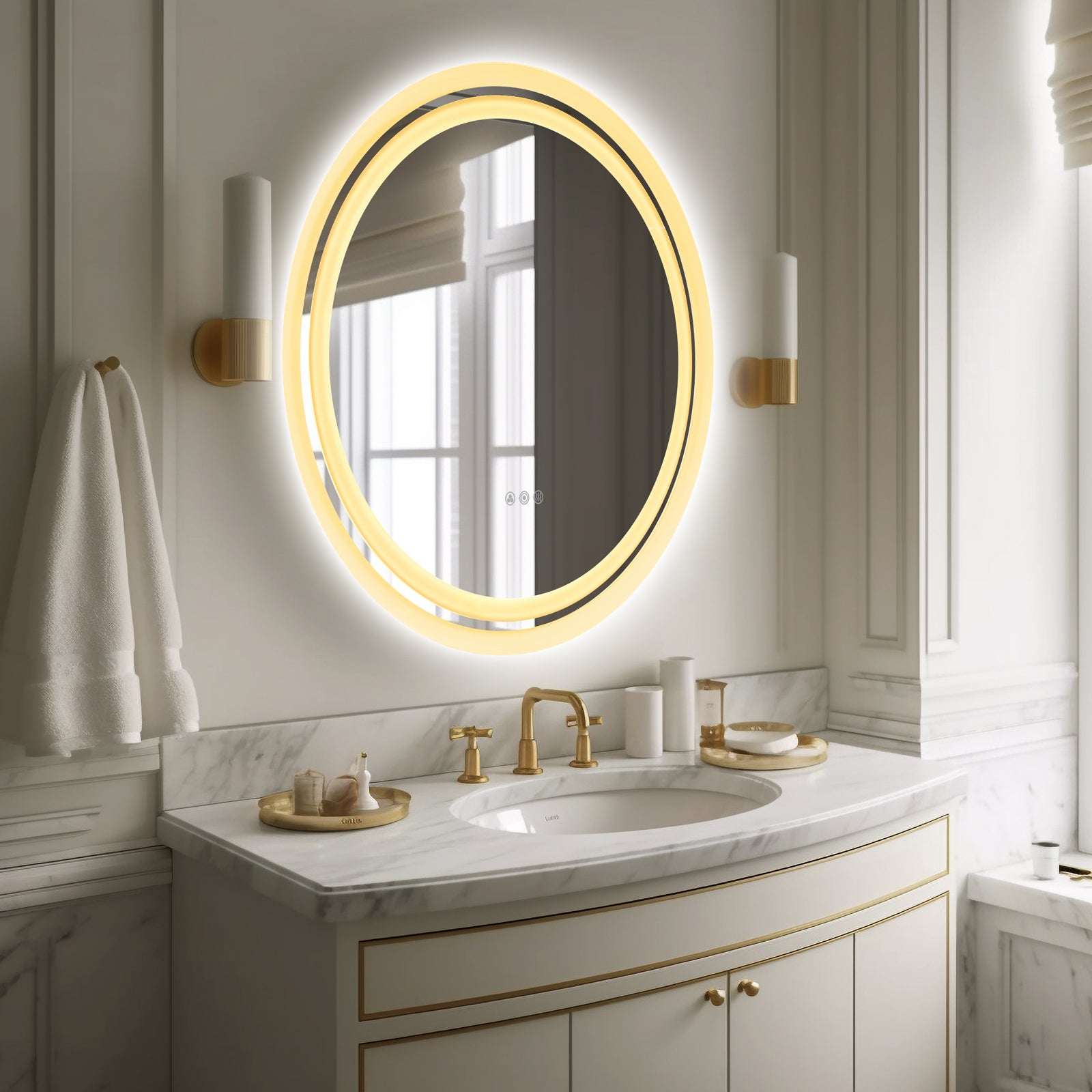 MOON MIRROR Round LED Bathroom Vanity Mirror with Lights,White Framed, Dual Front& Back Lights,Anti-Fog