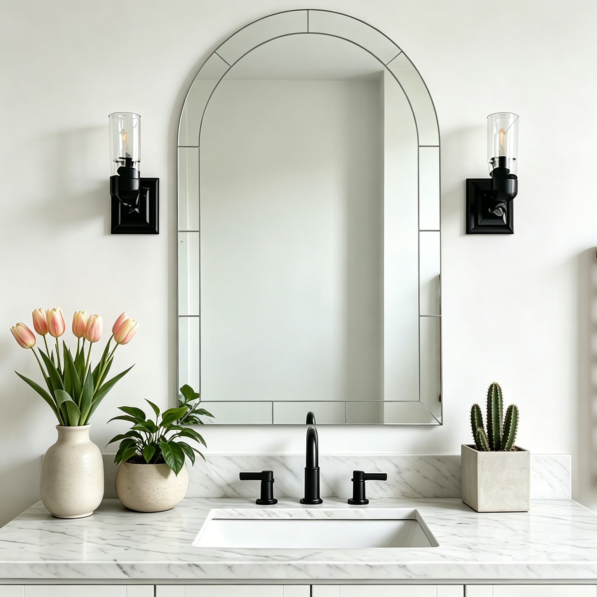 Minuette Glass Tile Edge Arched Mirror Bathroom Vanity Mirror | Stainless Steel Frame