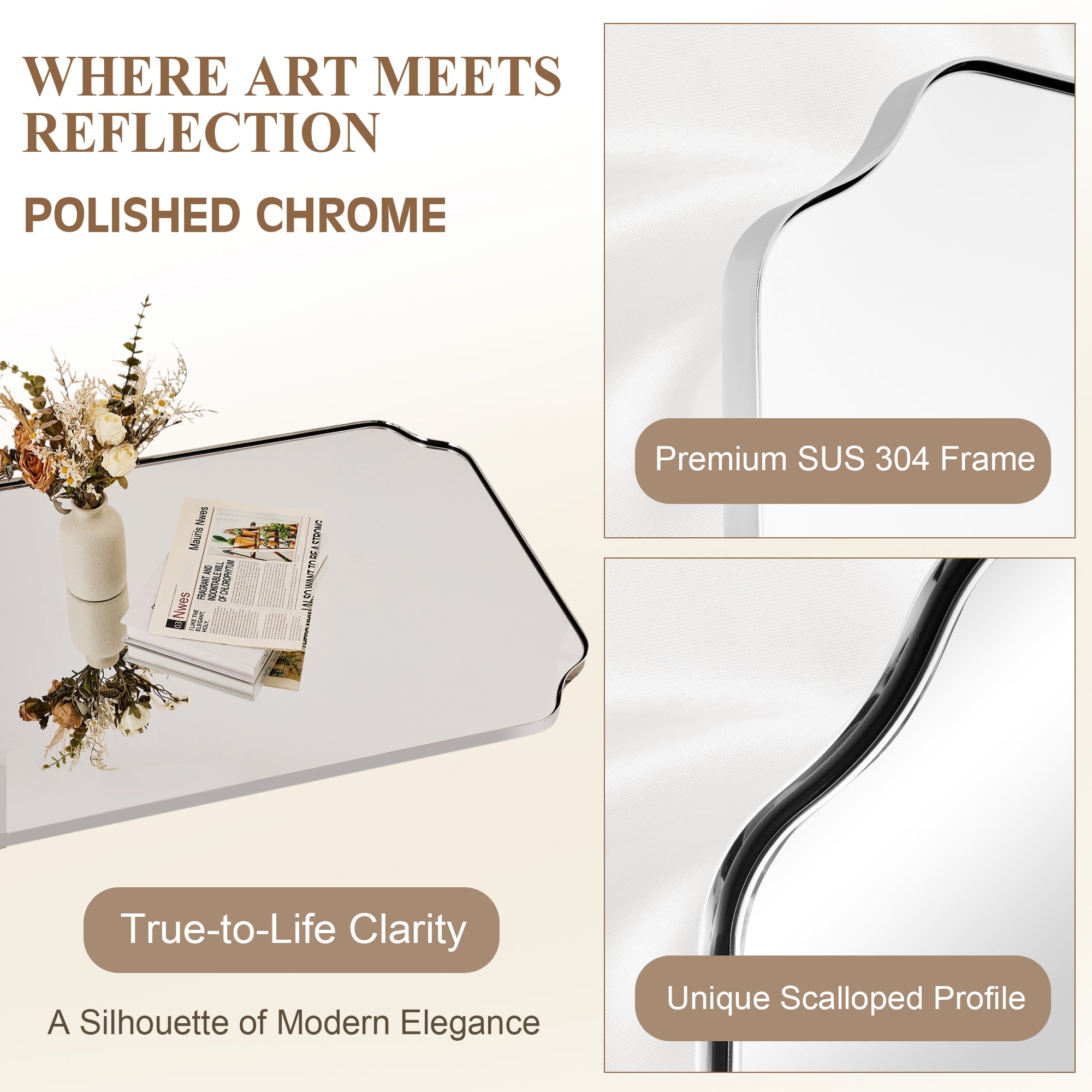 Modern Top Notched Corner Scalloped Bathroom Rectangle Vanity Wall Mirror | Stainless Steel Frame