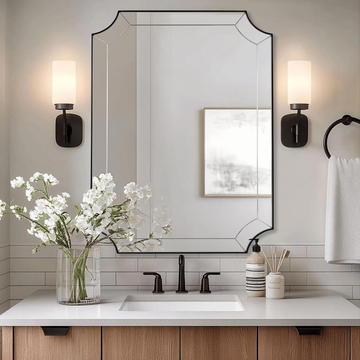 Modern Glass Tiles Edge Cut Corner Scalloped Bathroom Vanity Mirrors | Stainless Steel Frame