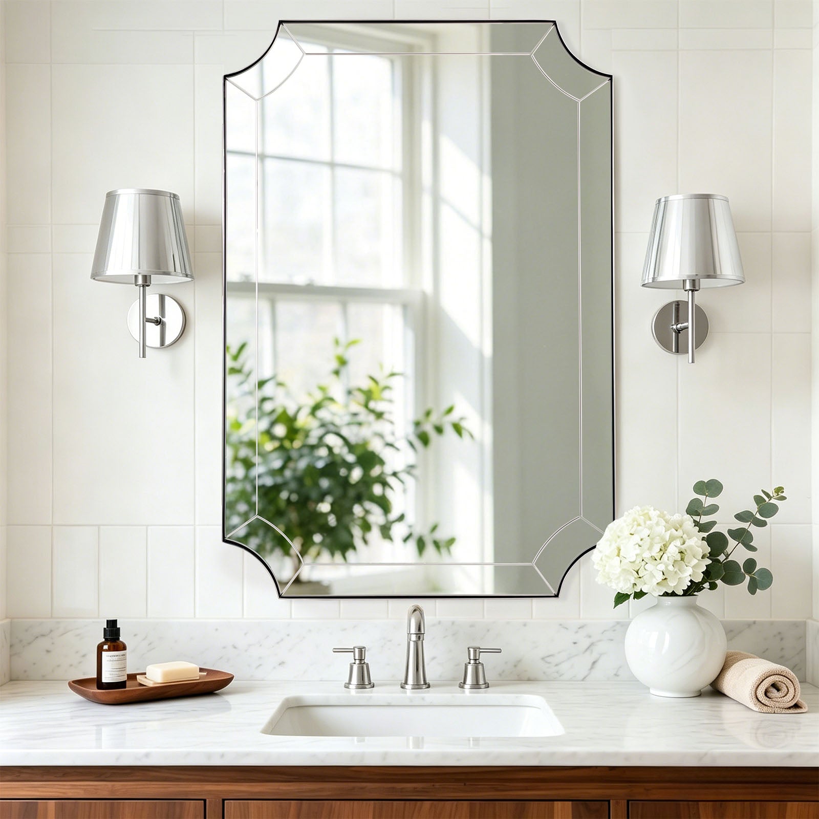 Minuette Glass Tiles Edge Scalloped Bathroom Vanity Mirrors | Stainless Steel Frame