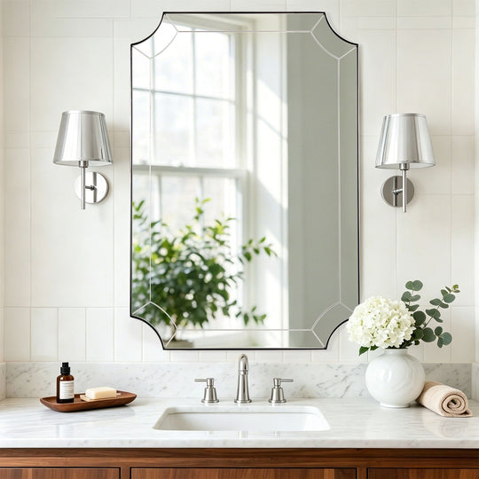 Minuette Glass Tiles Edge Scalloped Bathroom Vanity Mirrors | Stainless Steel Frame