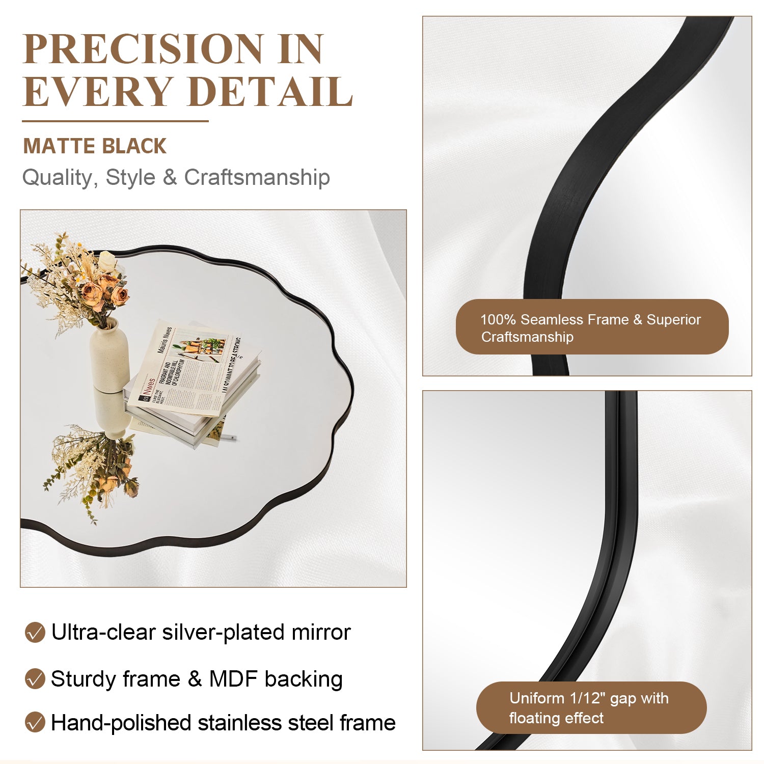 Contemporary Round Scalloped Mirror Wavy Circle  Bathroom Vanity Mirror | Stainless Steel Frame