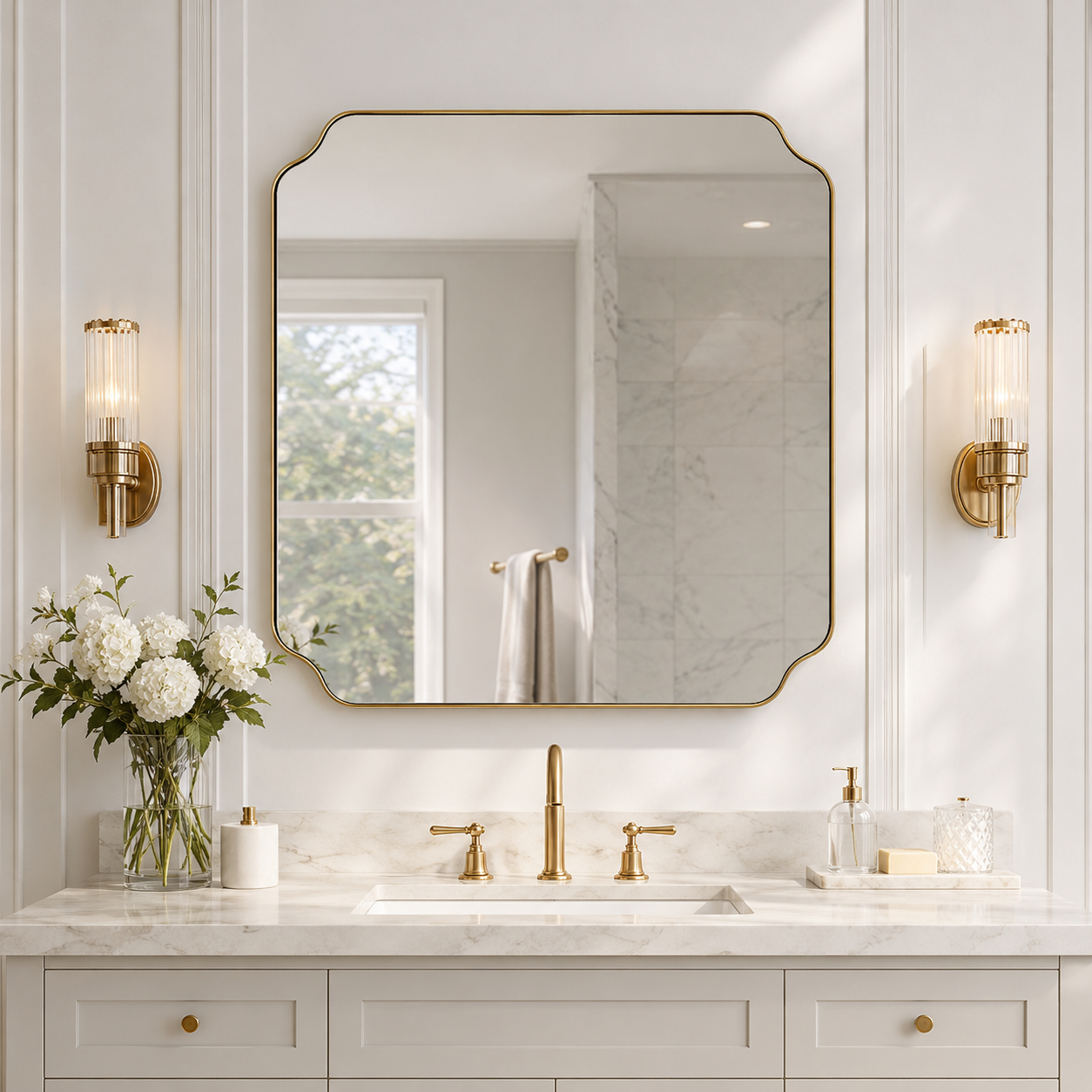 Modern Cut Corner Rectangle Scalloped Mirror for Wall /Bathroom | Stainless Steel Frame