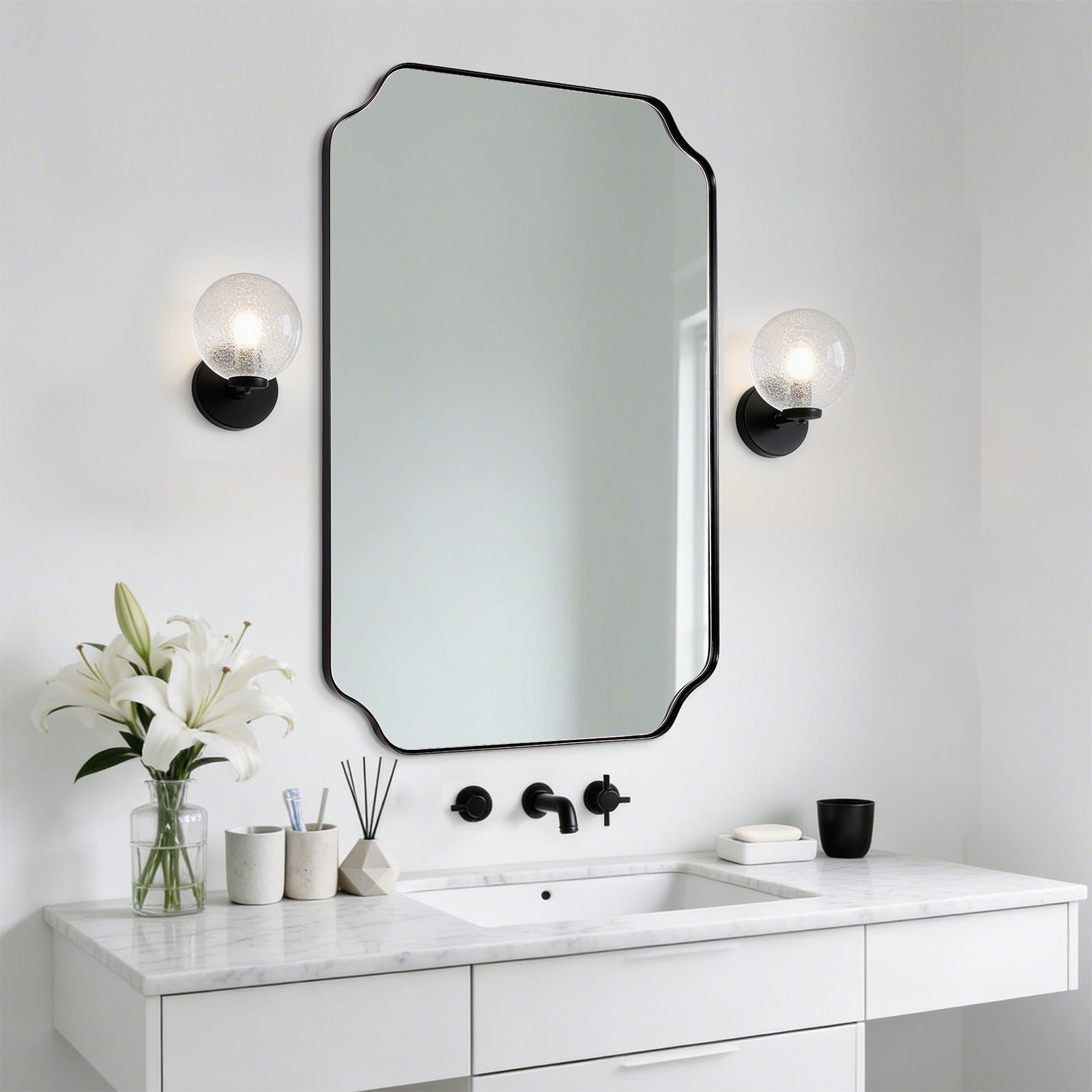 Contemporary Notched Corner Rectangle Scalloped Mirror for Wall /Bathroom | Stainless Steel Frame