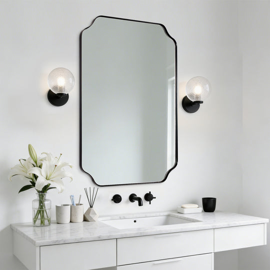 Contemporary Notched Corner Rectangle Scalloped Mirror for Wall /Bathroom | Stainless Steel Frame