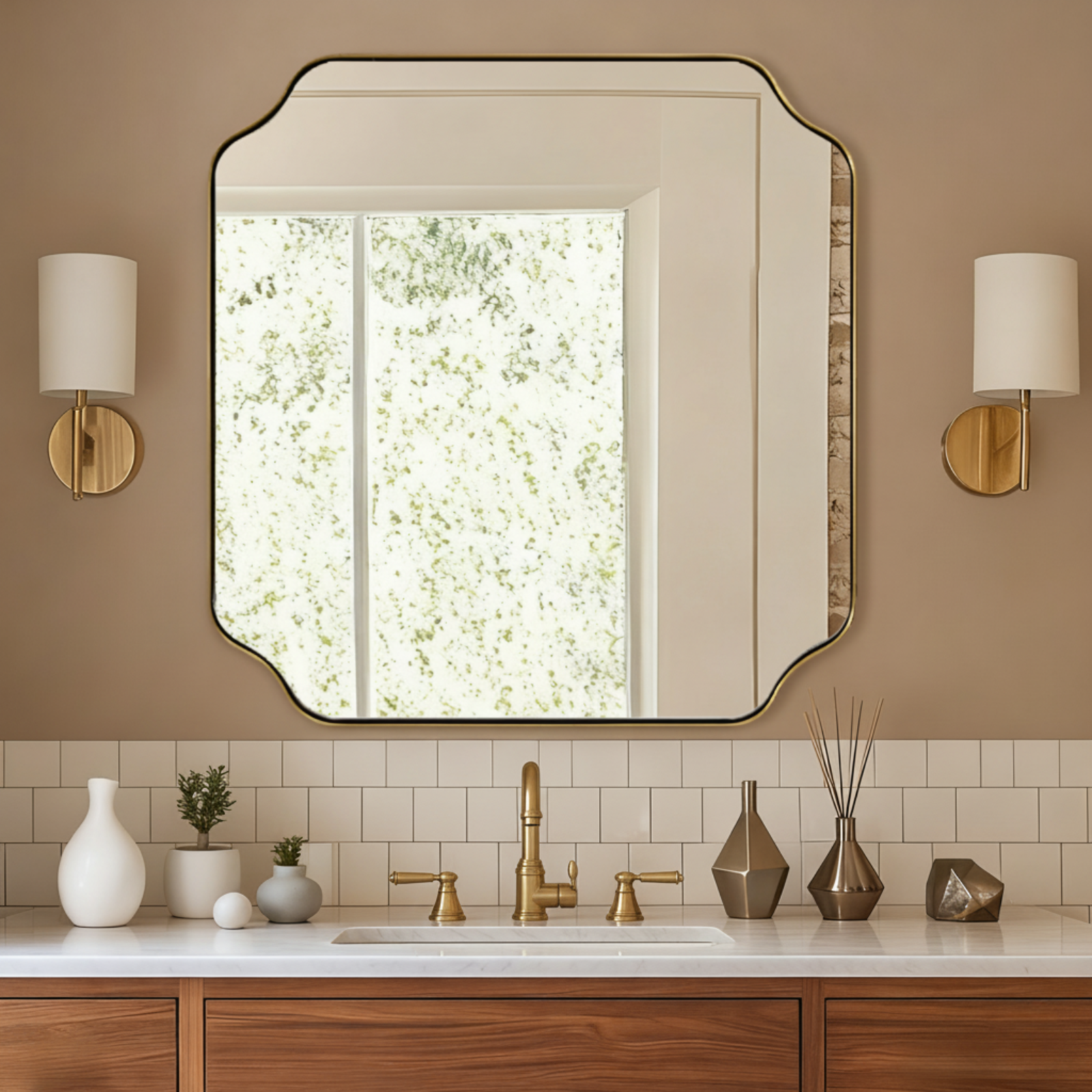 Contemporary Notched Corner Rectangle Scalloped Mirror for Wall /Bathroom | Stainless Steel Frame