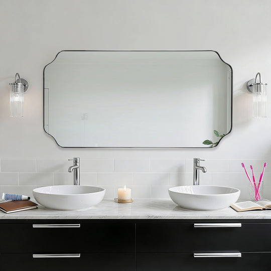 Contemporary Notched Corner Rectangle Scalloped Mirror for Wall /Bathroom | Stainless Steel Frame