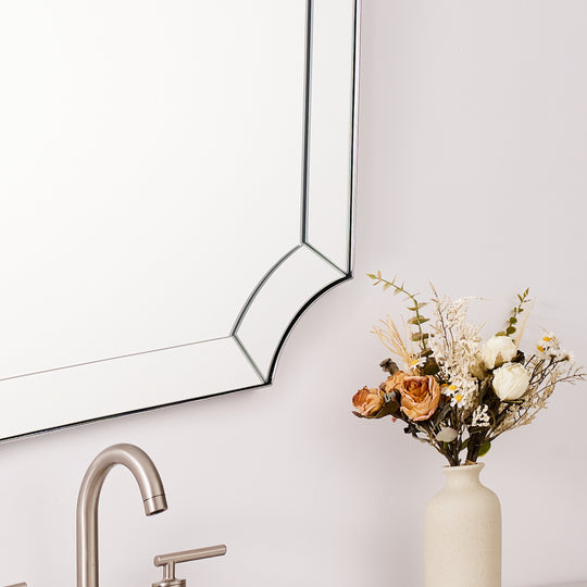 Modern Glass Tiles Edge Cut Corner Scalloped Bathroom Vanity Mirrors | Stainless Steel Frame