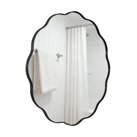 Contemporary Round Scalloped Mirror Wavy Circle Bathroom Vanity Mirror | Stainless Steel Frame