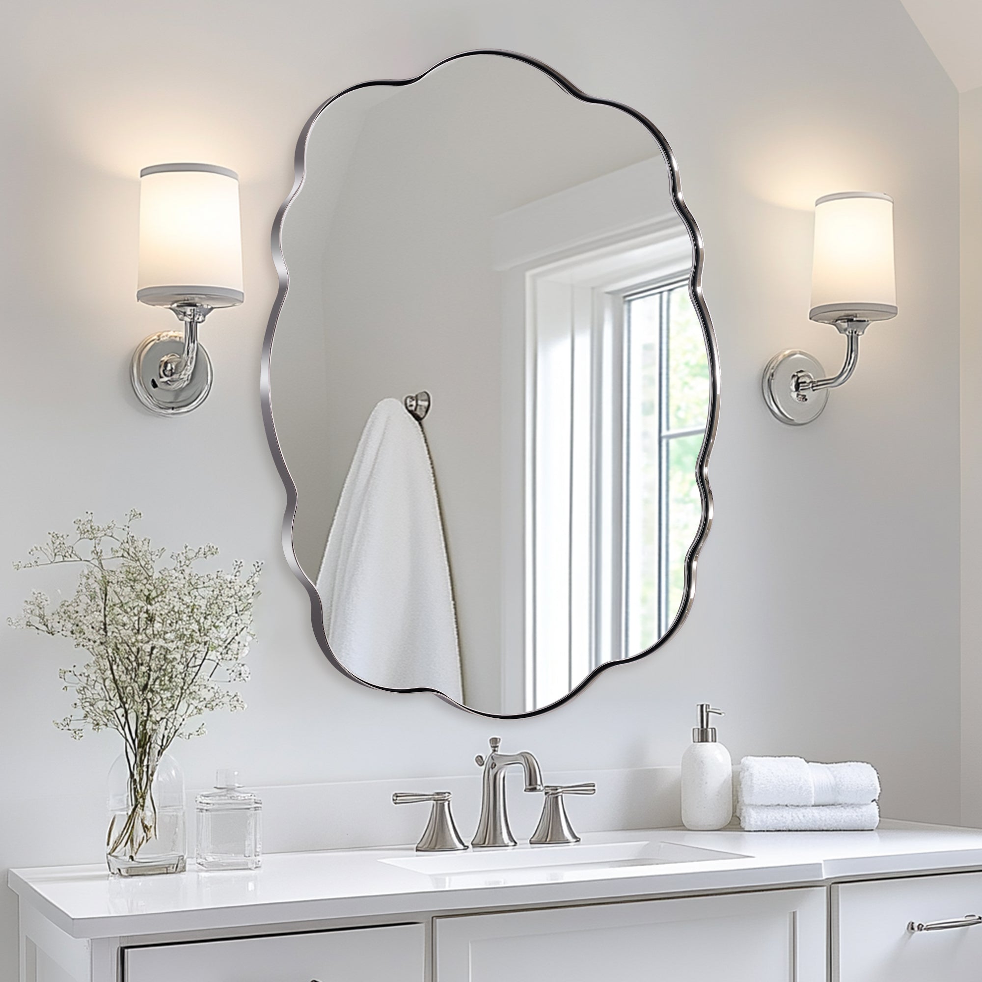 Contemporary Wavy Oval Scalloped Bathroom Vanity Mirror  Irregular Decorative Mirror| Stainless Steel Framed