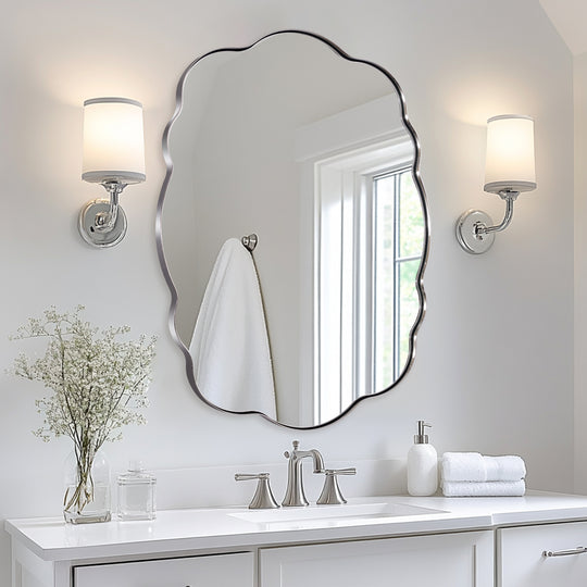 Contemporary Wavy Oval Scalloped Bathroom Vanity Mirror  Irregular Organic Mirror| Stainless Steel Framed
