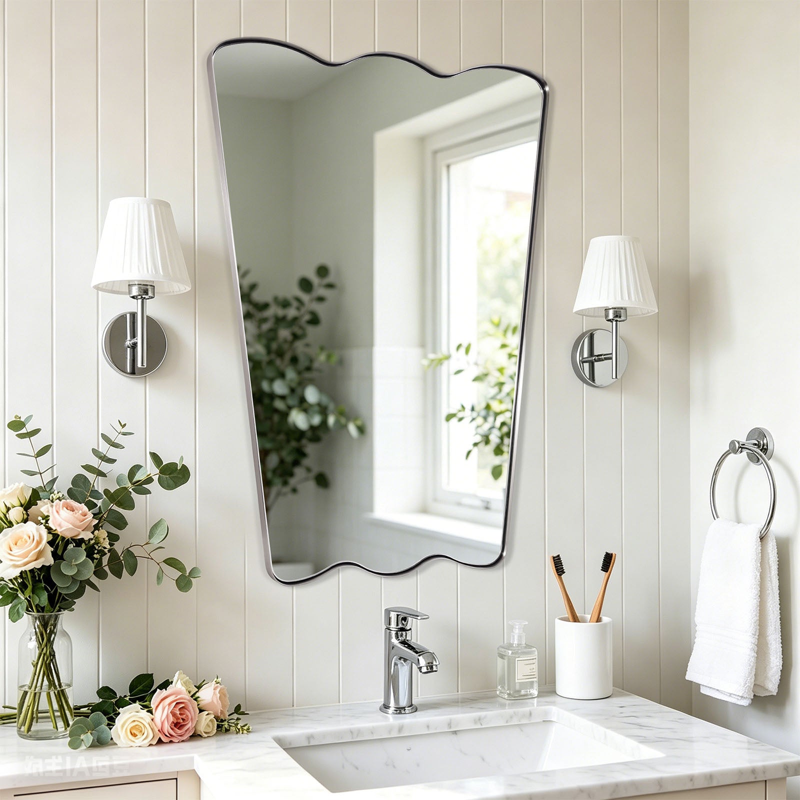 Contemporary Tapered Wavy Scalloped Bathroom Vanity Mirror | Stainless Steel Framed