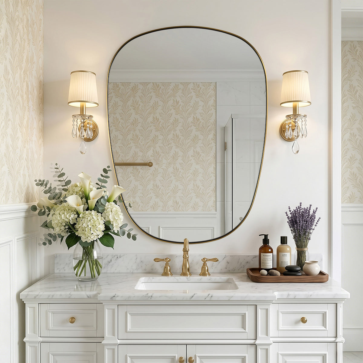 Contemporary Irregular Pebble Organic  Bathroom Wall Mirror Asymmetric Decorative Mirror | Stainless Steel Frame