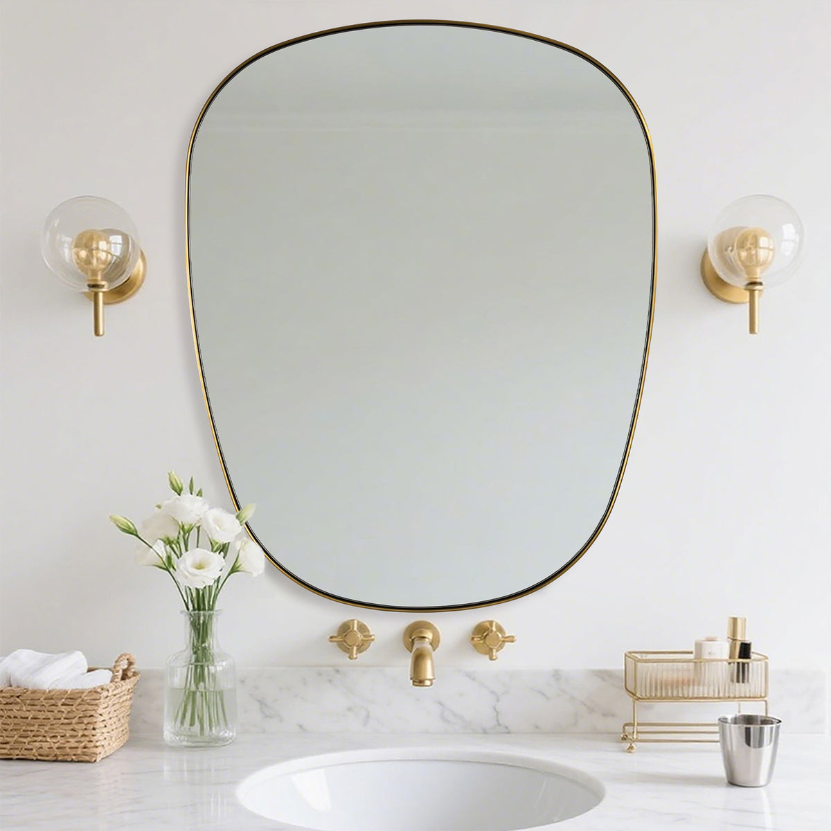 Contemporary Irregular Pebble Organic  Bathroom Wall Mirror Asymmetric Decorative Mirror | Stainless Steel Frame