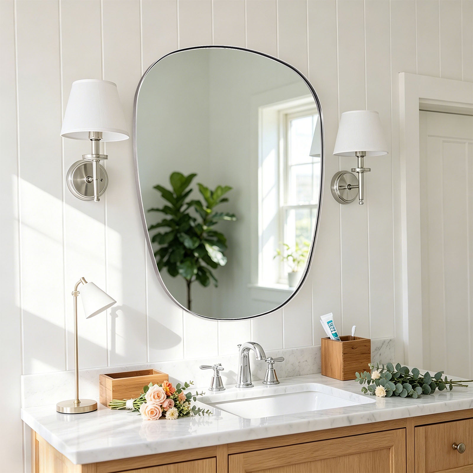 Contemporary Irregular Organic  Bathroom Wall Mirror Asymmetric Decorative Mirror | Stainless Steel Frame