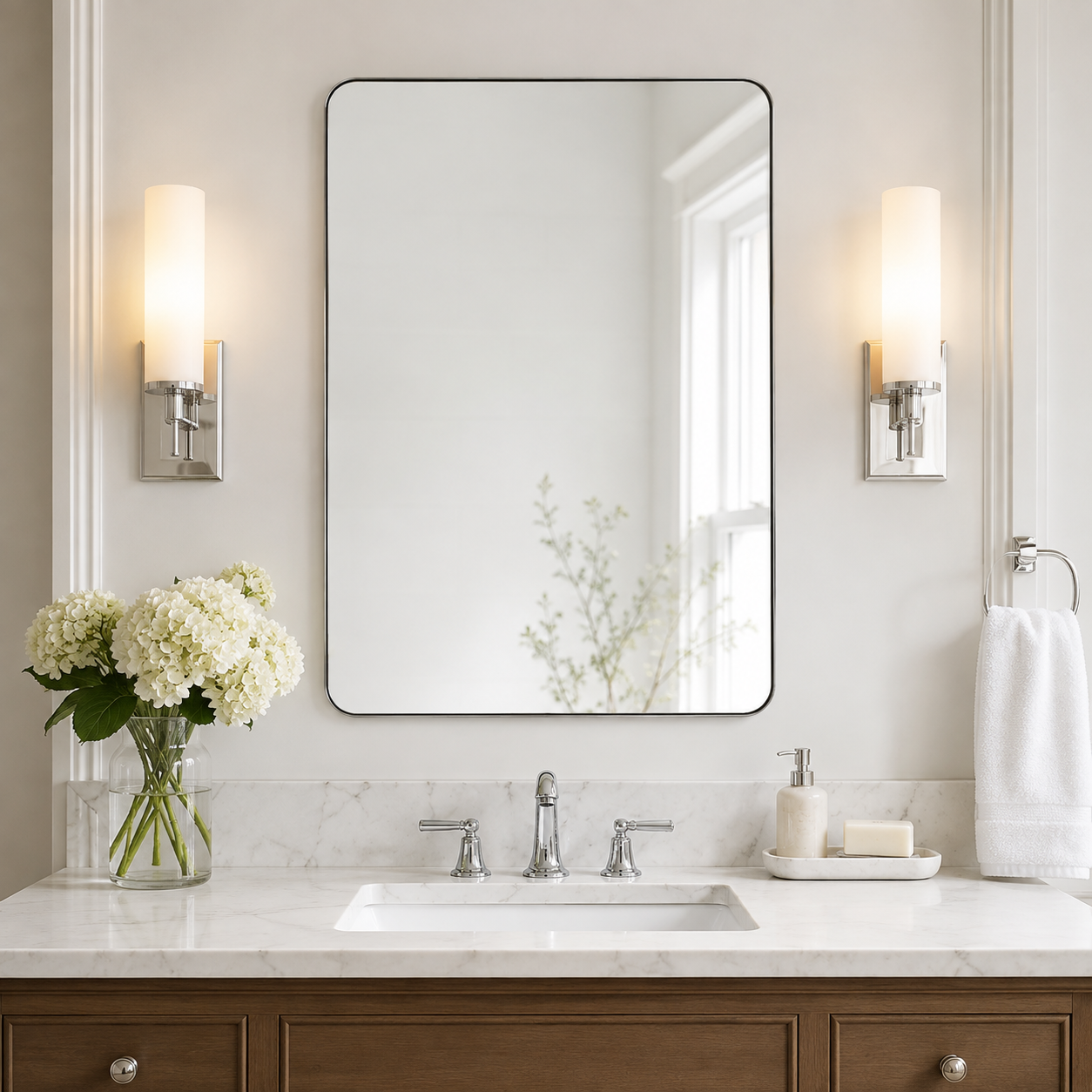 Modern Rounded Rectangle Mirror for Bathroom/ Vanity/ Wall | Stainless Steel Frame