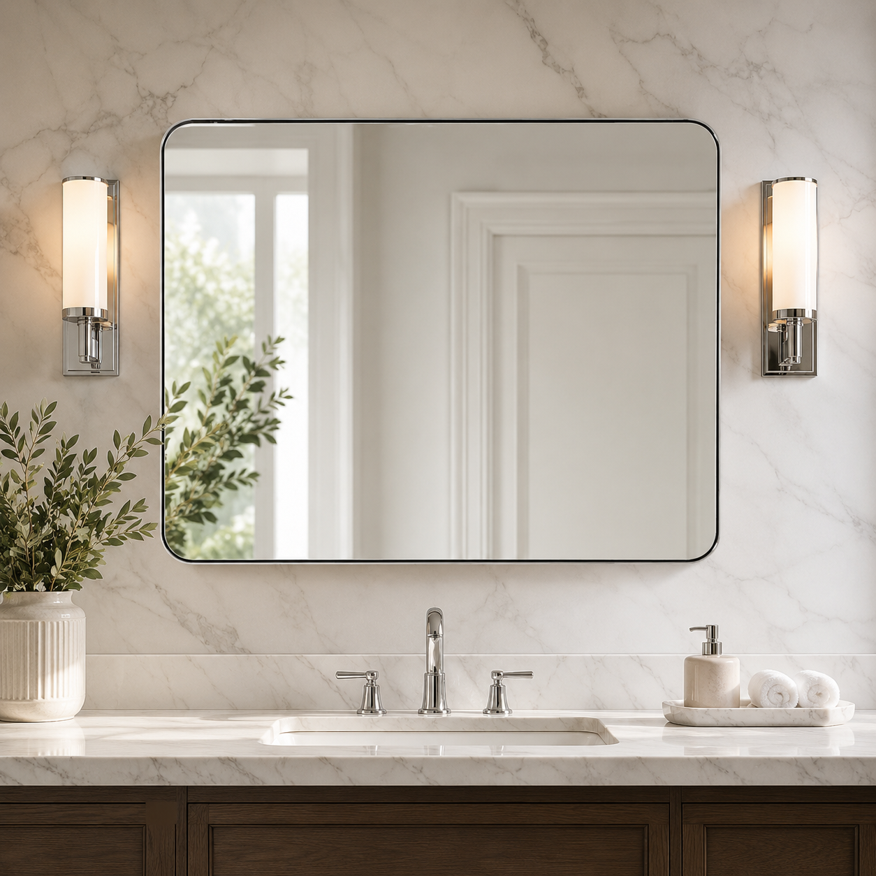 Modern Rounded Rectangle Mirror for Bathroom/ Vanity/ Wall | Stainless Steel Frame