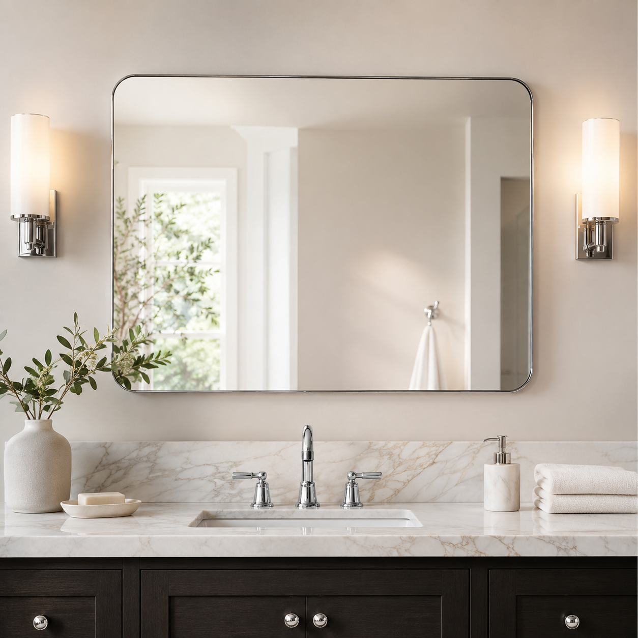 Modern Rounded Rectangle Mirror for Bathroom/ Vanity/ Wall | Stainless Steel Frame