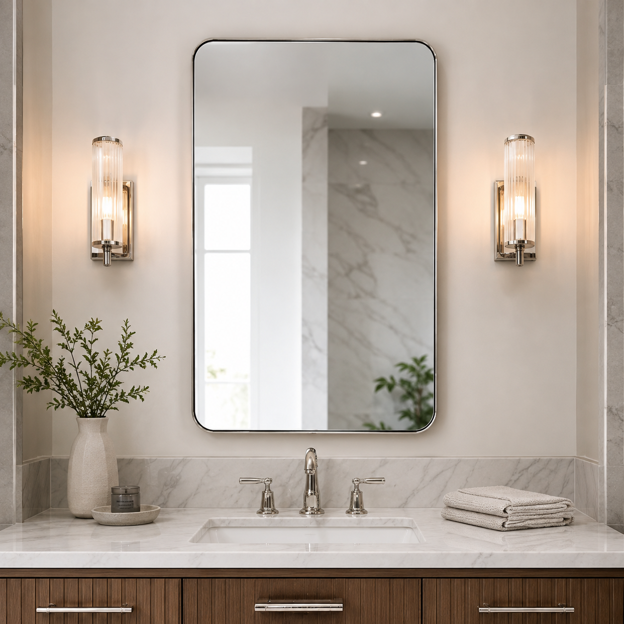 Modern Rounded Rectangle Mirror for Bathroom/ Vanity/ Wall | Stainless Steel Frame