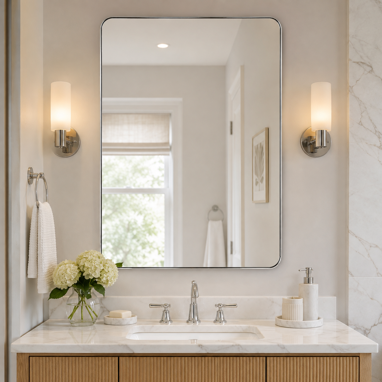 Modern Rounded Rectangle Mirror for Bathroom/ Vanity/ Wall | Stainless Steel Frame
