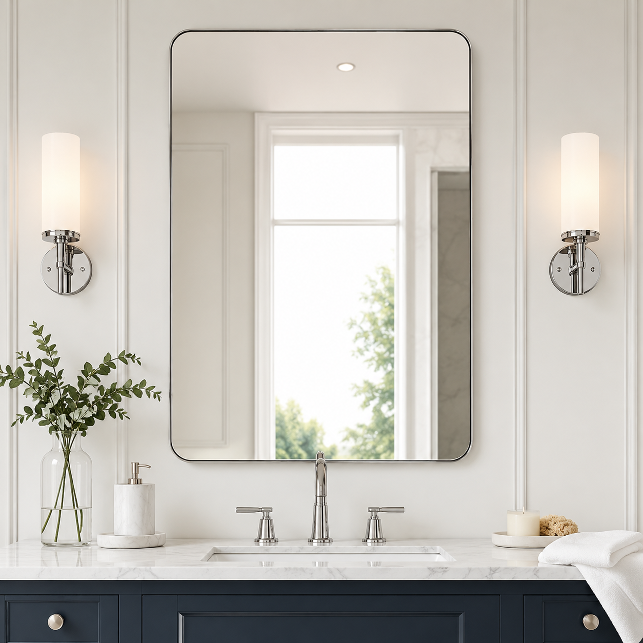Modern Rounded Rectangle Mirror for Bathroom/ Vanity/ Wall | Stainless Steel Frame