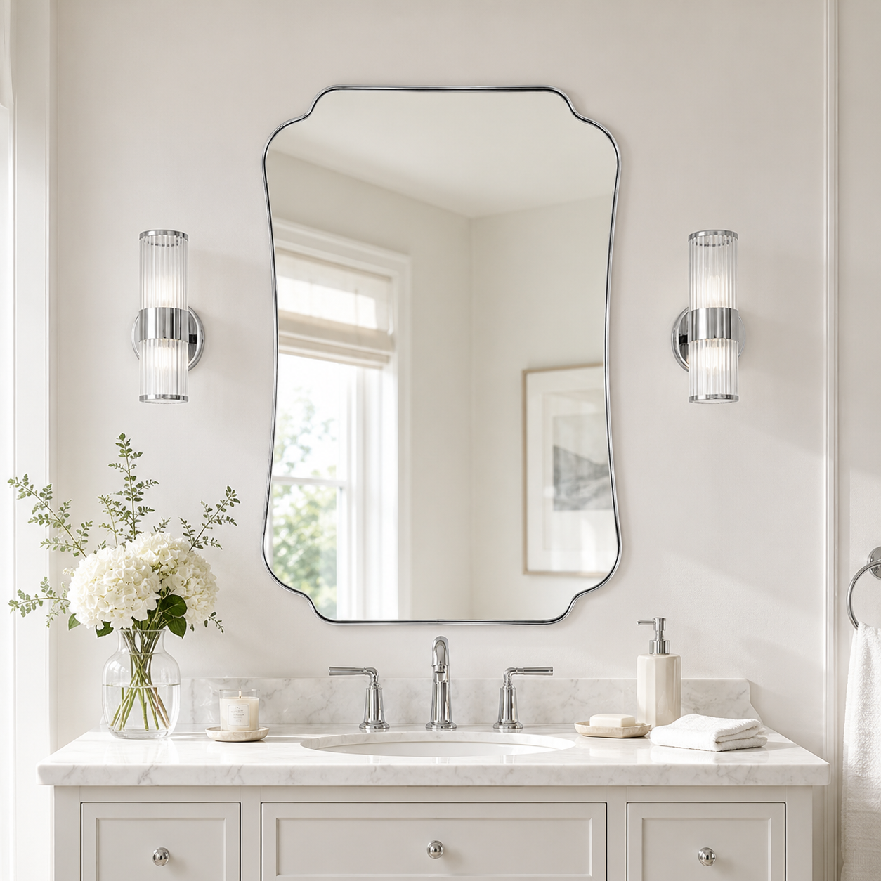 Contemporary Cut Corner Concave Edge Scalloped Bathroom Mirror | Stainless Steel Frame