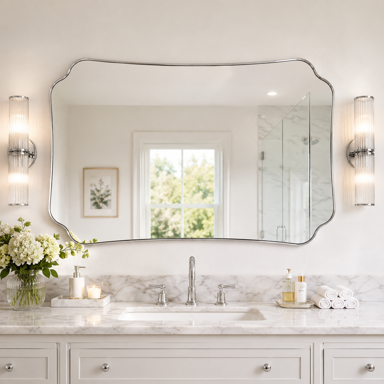Contemporary Cut Corner Concave Edge Scalloped Bathroom Mirror | Stainless Steel Frame