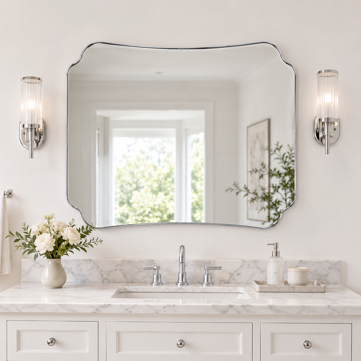 Contemporary Cut Corner Concave Edge Scalloped Bathroom Mirror | Stainless Steel Frame