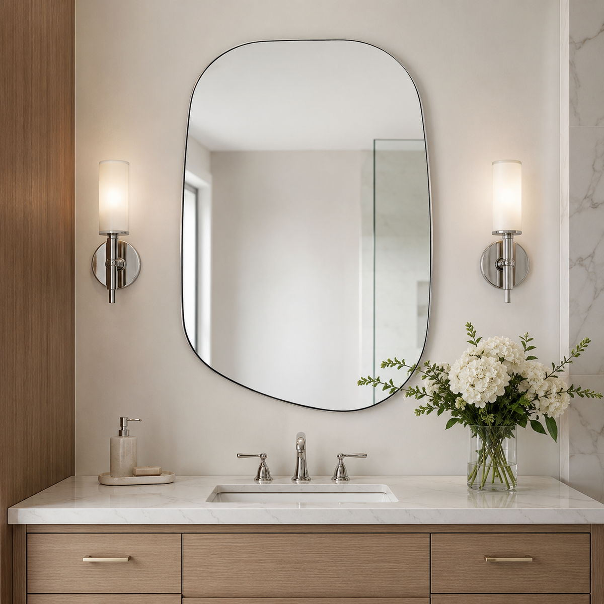 Asymmetrical Irregular Bathroom Wall Mirror | Stainless Steel Frame