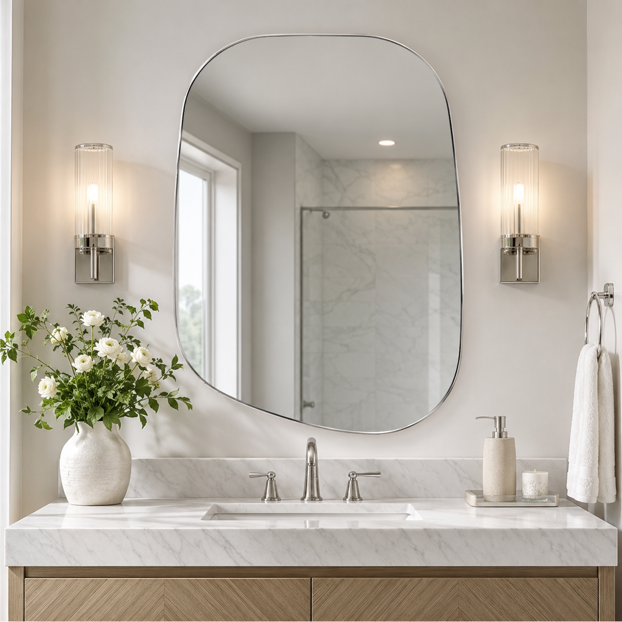 Asymmetrical Irregular Bathroom Wall Mirror | Stainless Steel Frame