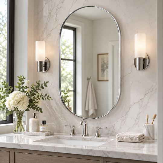Modern Pill Shaped Capsule Wall Mirrors Long Oval Bathroom Vanity Mirror | Stainless Steel Frame
