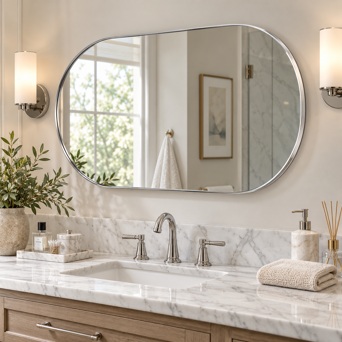 Modern Pill Shaped Capsule Wall Mirrors Long Oval Bathroom Vanity Mirror | Stainless Steel Frame