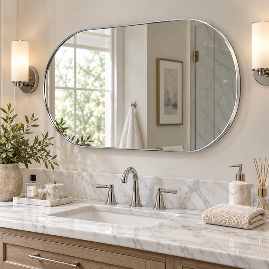 Modern Pill Shaped Capsule Wall Mirrors Long Oval Bathroom Vanity Mirror | Stainless Steel Frame