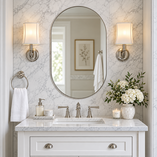 Modern Pill Shaped Capsule Wall Mirrors Long Oval Bathroom Vanity Mirror | Stainless Steel Frame