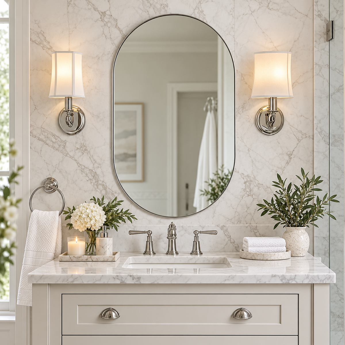 Modern Pill Shaped Capsule Wall Mirrors Long Oval Bathroom Vanity Mirror | Stainless Steel Frame