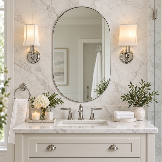 Modern Pill Shaped Capsule Wall Mirrors Long Oval Bathroom Vanity Mirror | Stainless Steel Frame