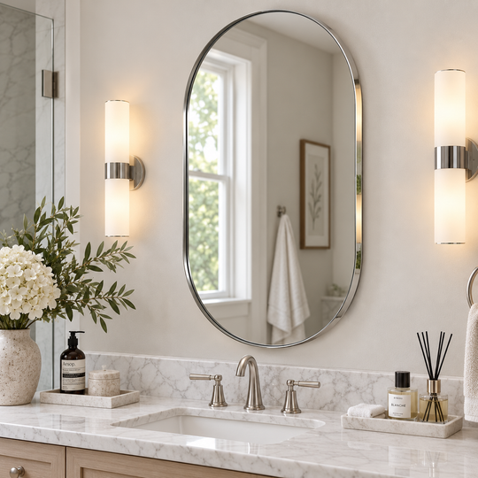 Modern Pill Shaped Capsule Wall Mirrors Long Oval Bathroom Vanity Mirror | Stainless Steel Frame