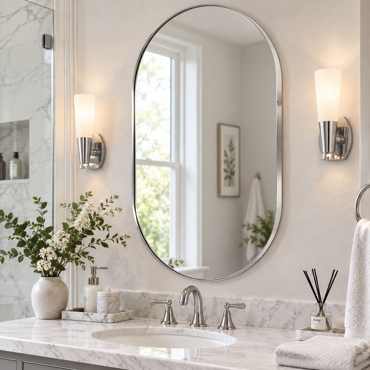 Modern Pill Shaped Capsule Wall Mirrors Long Oval Bathroom Vanity Mirror | Stainless Steel Frame