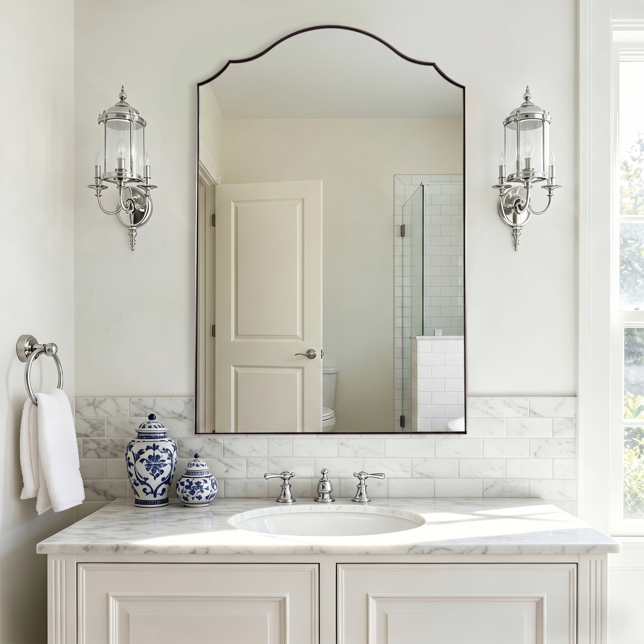 Contemporary Arched Curved Scalloped Mirror Bathroom Vanity Mirror | Stainless Steel Frame
