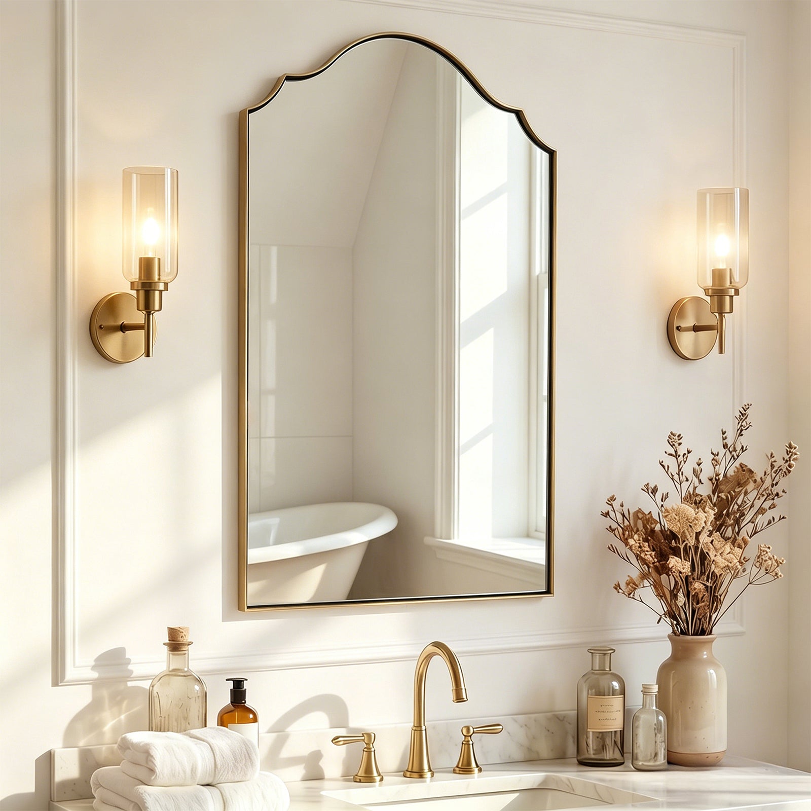 Contemporary Arched Curved Scalloped Mirror Bathroom Vanity Mirror | Stainless Steel Frame