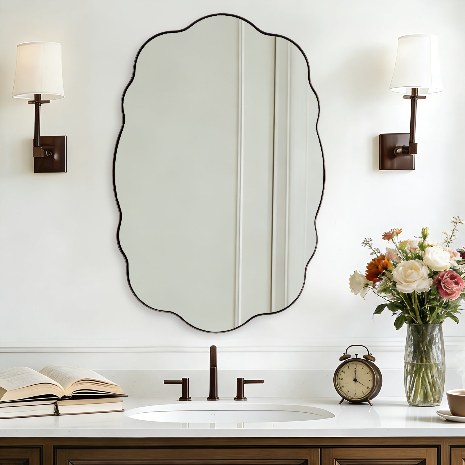 Contemporary Wavy Oval Scalloped Bathroom Vanity Mirror  Irregular Decorative Mirror| Stainless Steel Framed