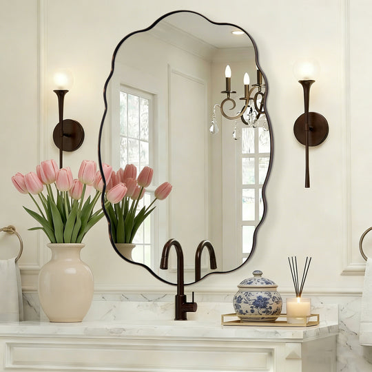 Contemporary Wavy Oval Scalloped Bathroom Vanity Mirror  Irregular Organic Mirror| Stainless Steel Framed